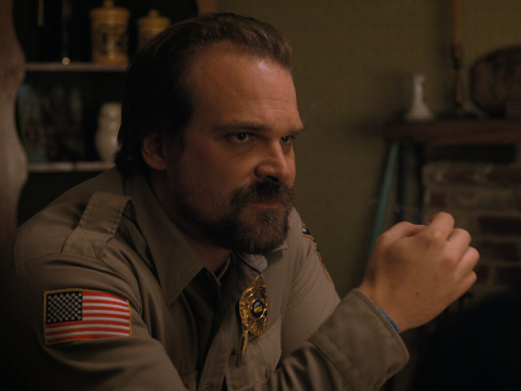 Blue Hair Tie - Hopper and Joyce talk trauma - Stranger Things - The Duffer Brothers - 2016